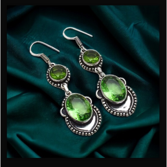 Hand Crafted Jewelry - Peridot Handcrafted Drop Dangle Hook Style Earrings 2.4" Long Made In India New